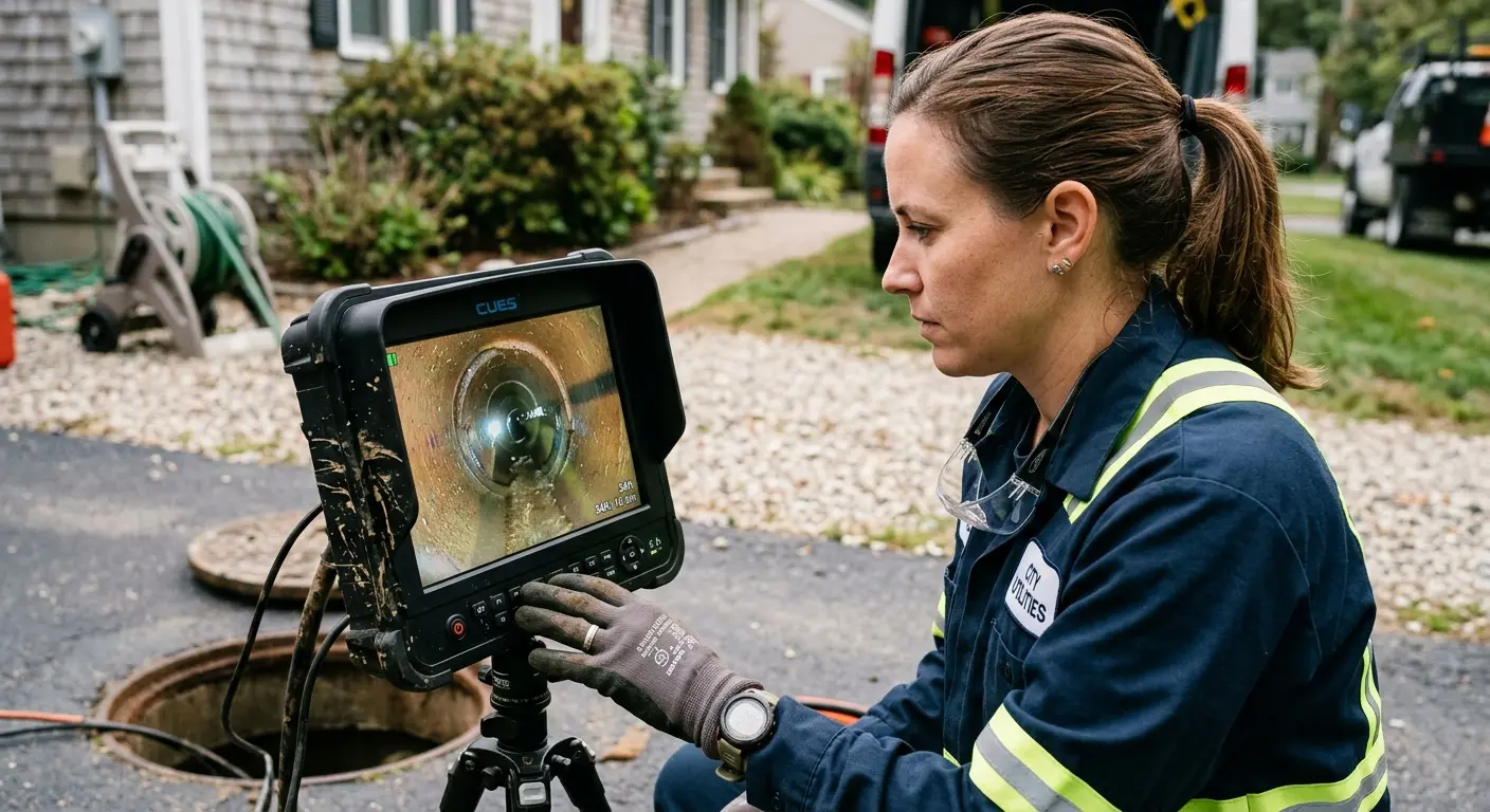 Technician reviewing sewer camera inspection footage in Forestdale