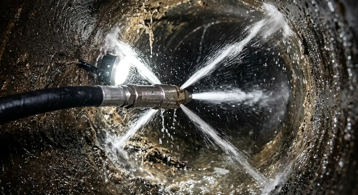 High-pressure hydro jetting nozzle cleaning sewer pipe for Emergency Drain Service in Forestdale