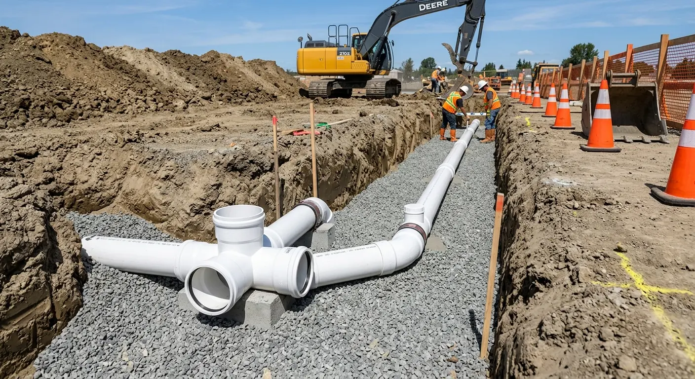 New PVC sewer pipe installation in open trench for Commercial Drain Cleaning in Forestdale