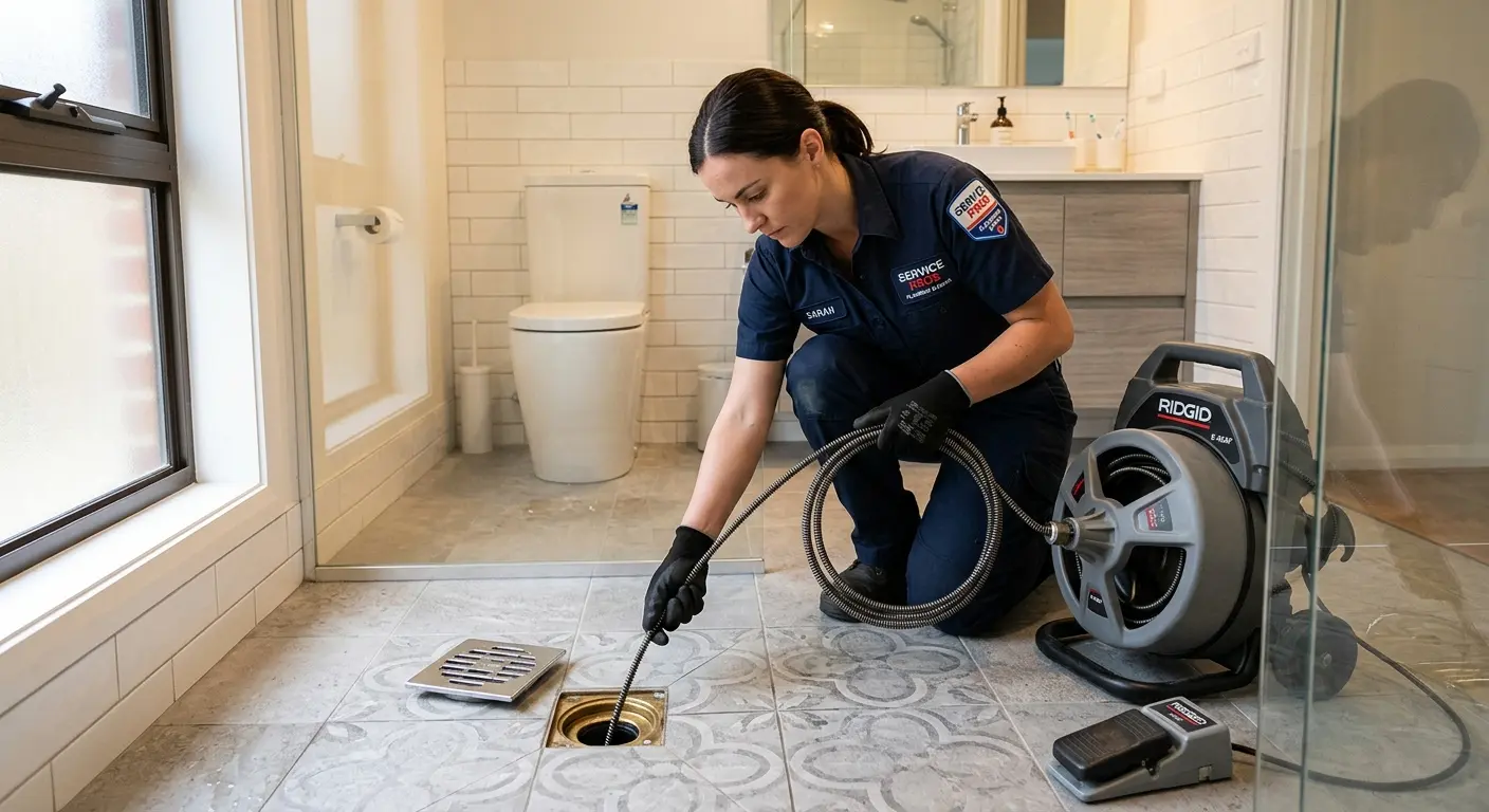Technician clearing a bathroom floor drain for Sewer Line Replacement in Forestdale